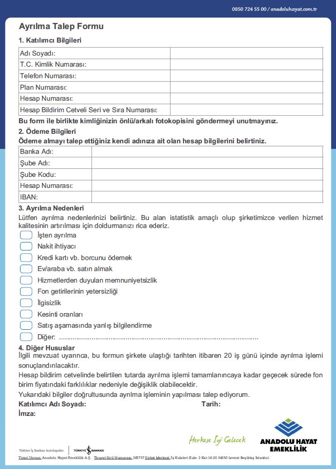 Anadolu Hayat BES İptal Formu PDF